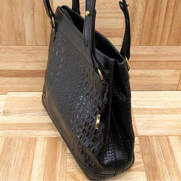 Vintage BRAHMIN Black Embossed Croc Leather Double Strap Bucket Shoulder Bag - Picture 9 of 16